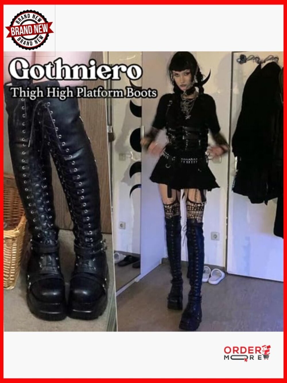 Platform Over Knee Boots with Chunky Heel Side Zip Lace Up Motorcycle Style - Picture 4 of 7